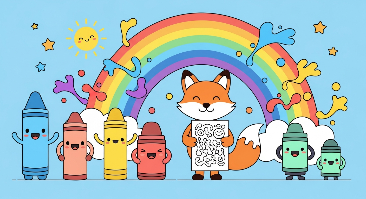 Cheerful illustration with crayons, a fox mascot and a rainbow