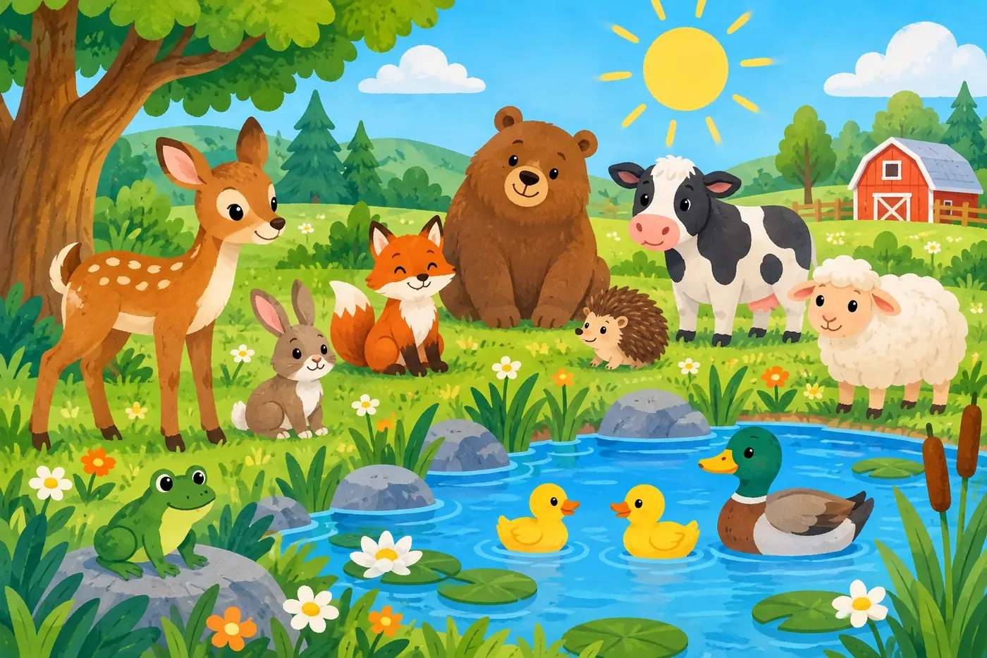 Decorative illustrated scene for the Animals coloring theme