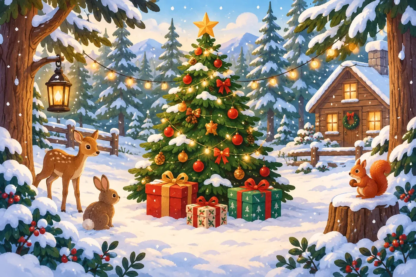 Decorative illustrated scene for the Christmas coloring theme