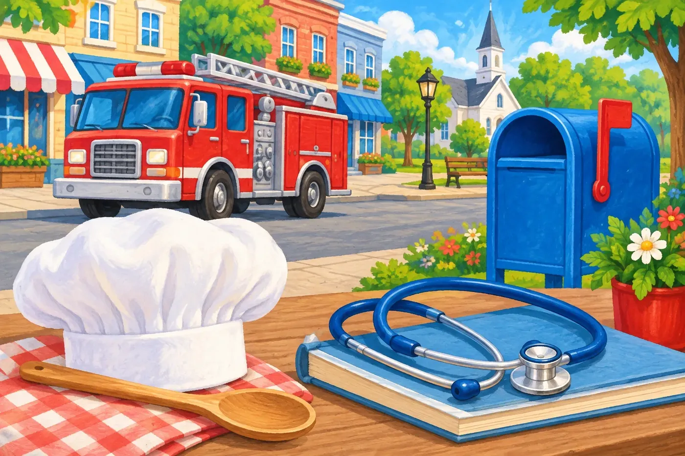 Decorative illustrated scene for the Community Helpers coloring theme