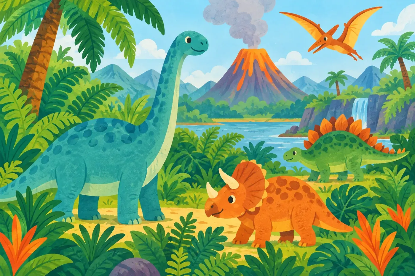 Decorative illustrated scene for the Dinosaurs coloring theme