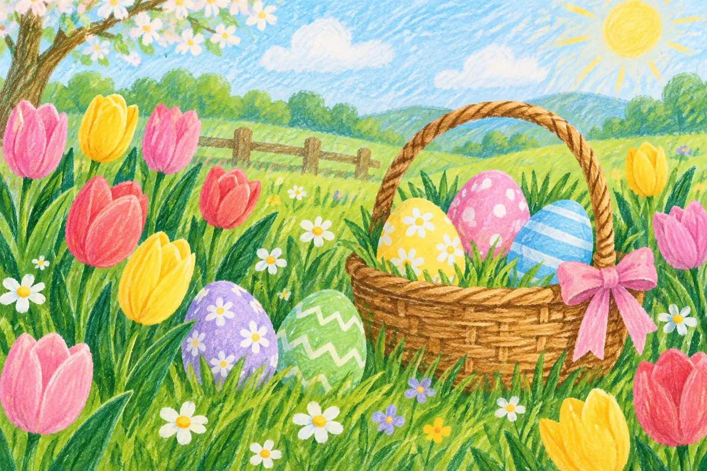 Decorative illustrated scene for the Easter coloring theme