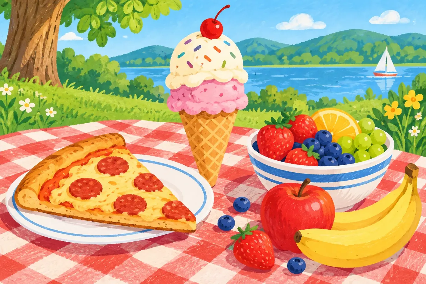 Decorative illustrated scene for the Food & Treats coloring theme