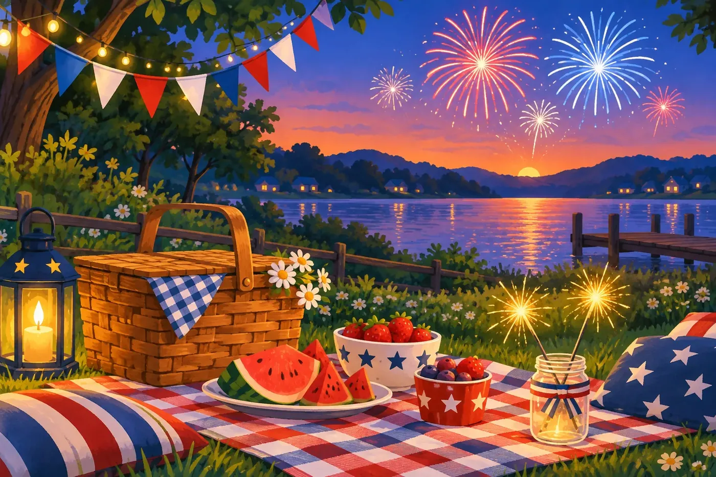 Decorative illustrated scene for the 4th of July coloring theme