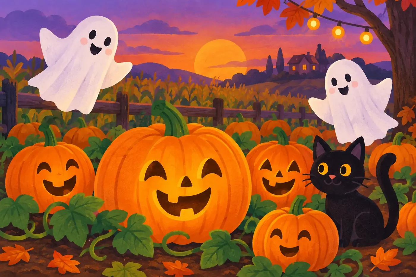 Decorative illustrated scene for the Halloween coloring theme
