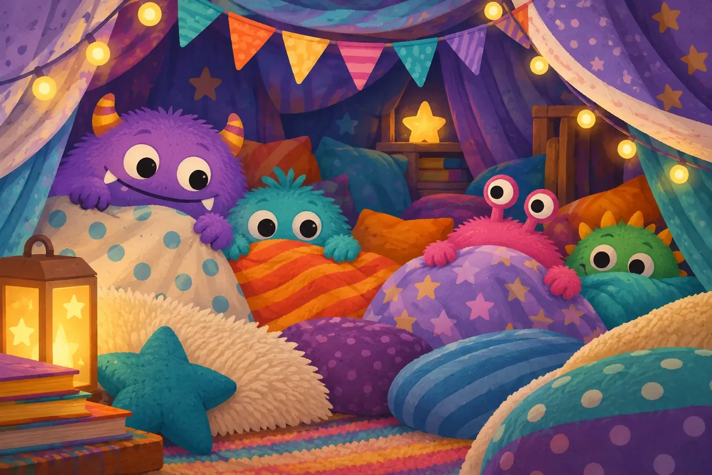 Decorative illustrated scene for the Friendly Monsters coloring theme