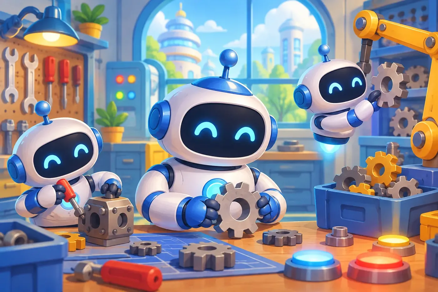 Decorative illustrated scene for the Robots coloring theme