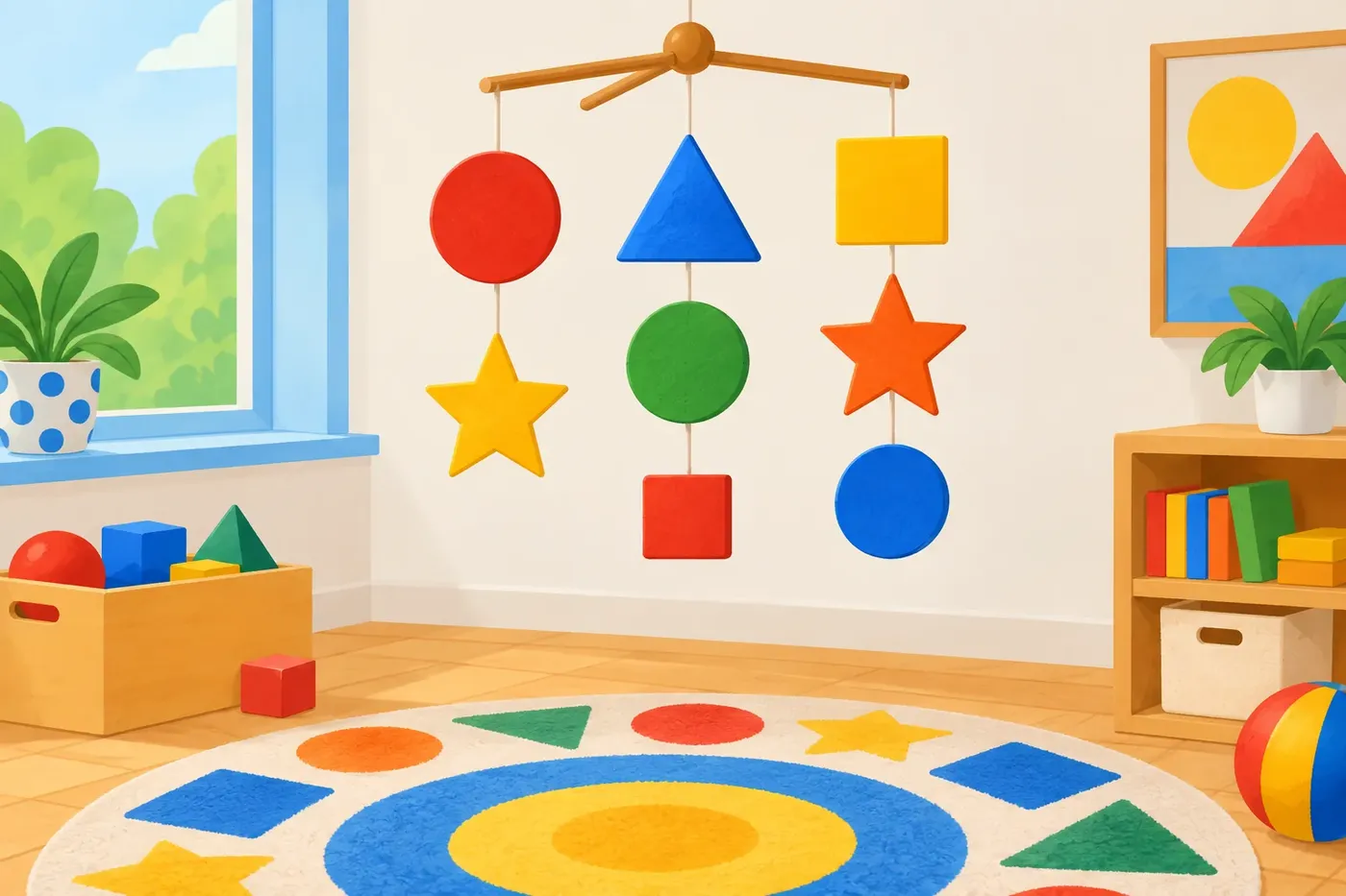 Decorative illustrated scene for the Shapes coloring theme