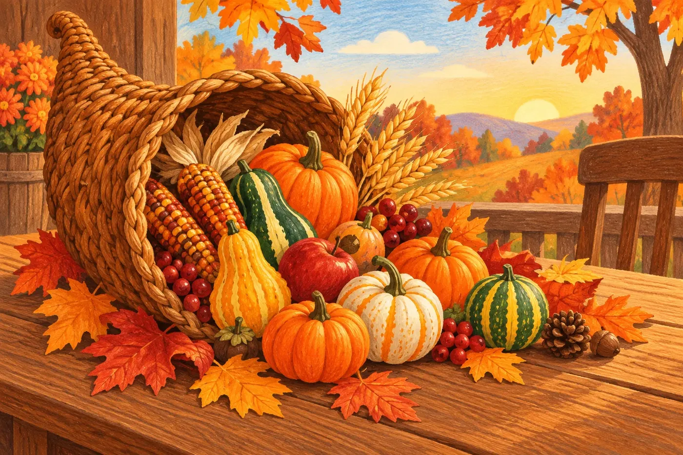 Decorative illustrated scene for the Thanksgiving coloring theme