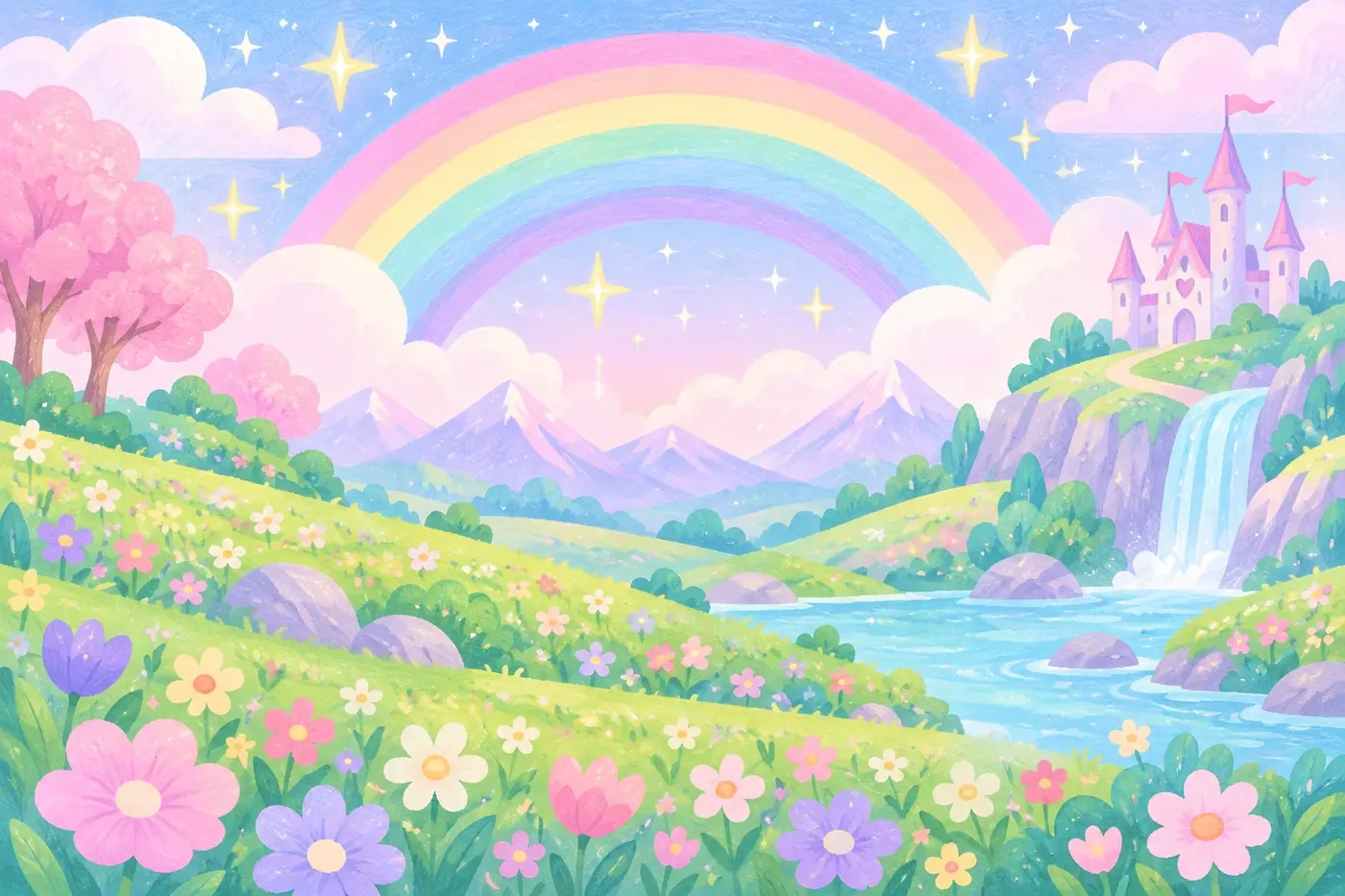 Decorative illustrated scene for the Unicorns coloring theme
