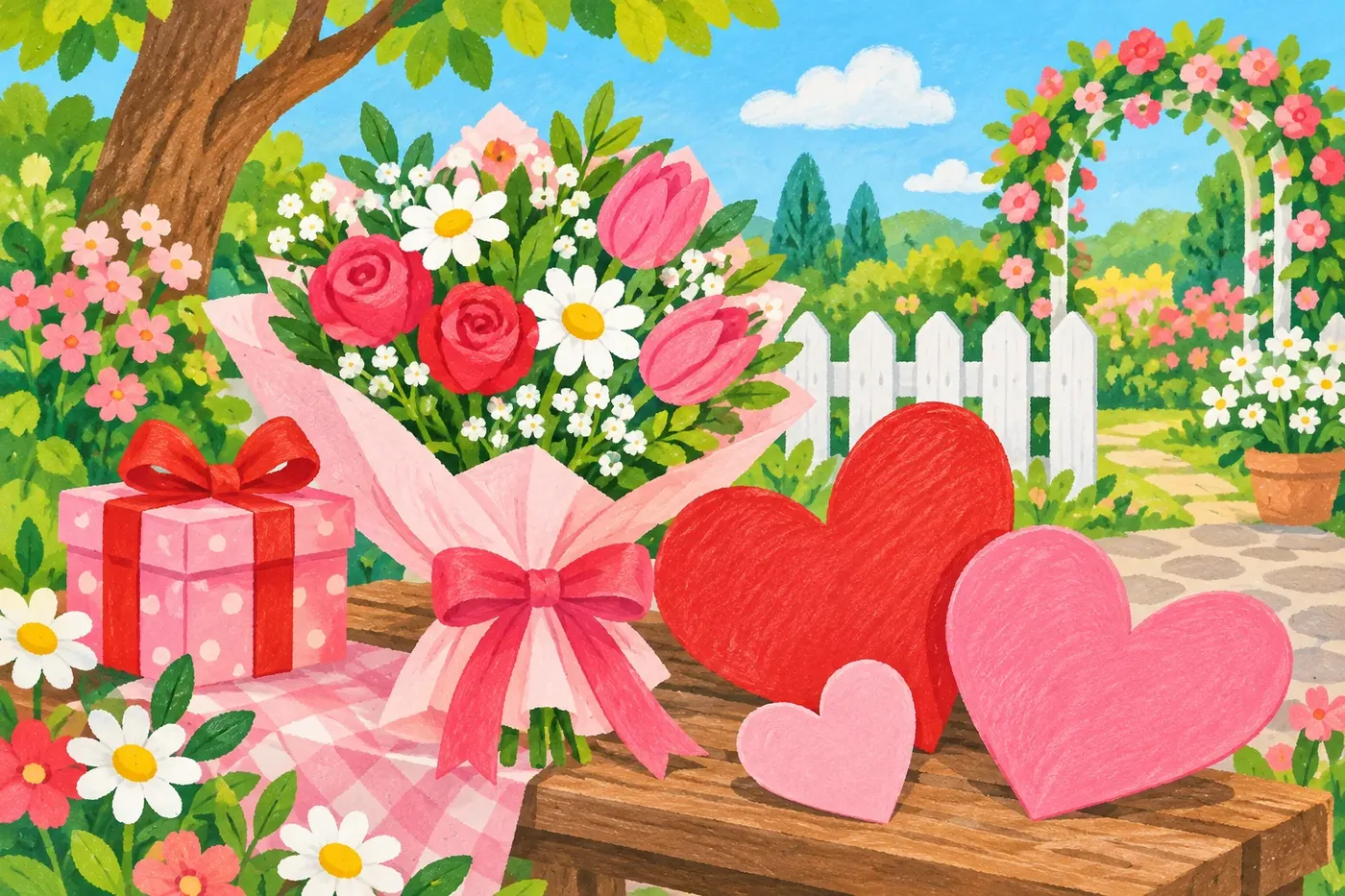 Decorative illustrated scene for the Valentine's Day coloring theme