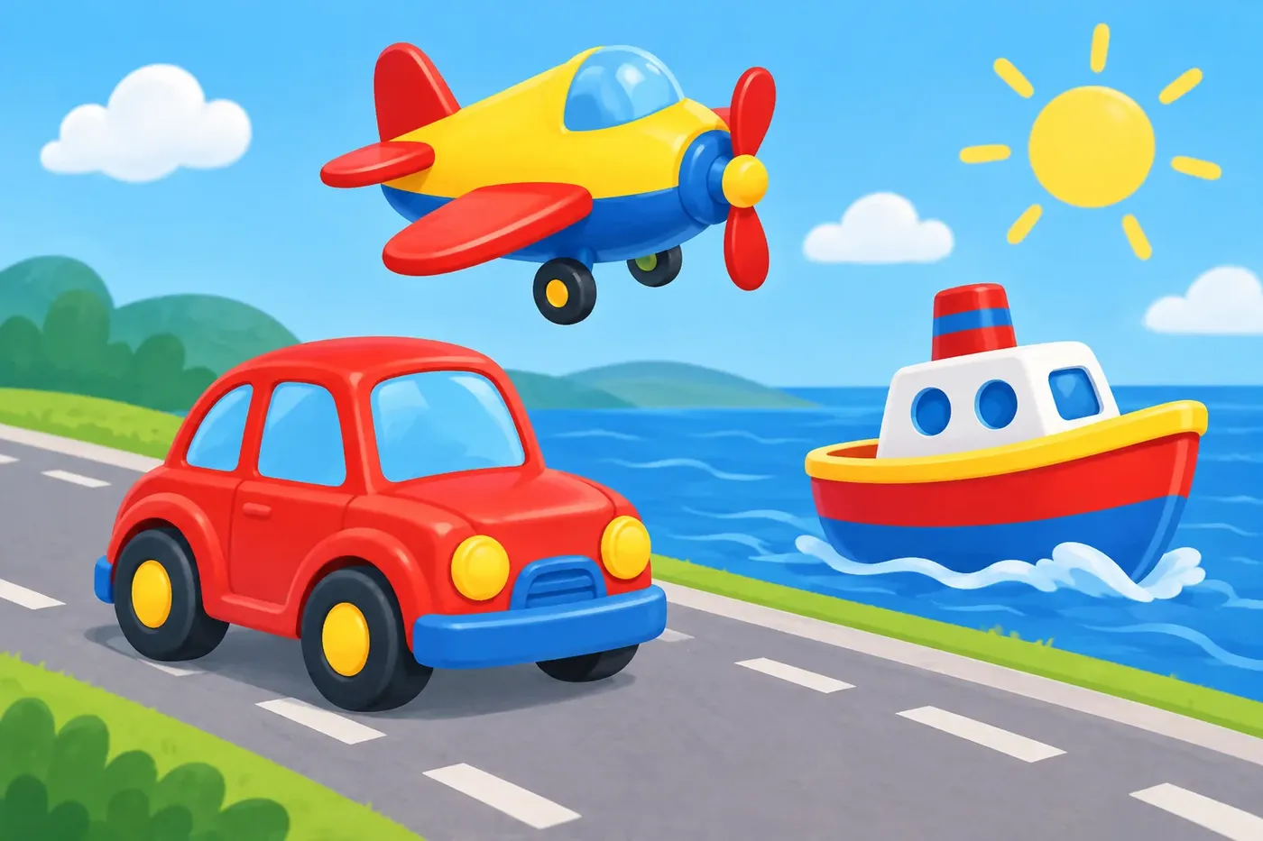 Decorative illustrated scene for the Vehicles & Transportation coloring theme